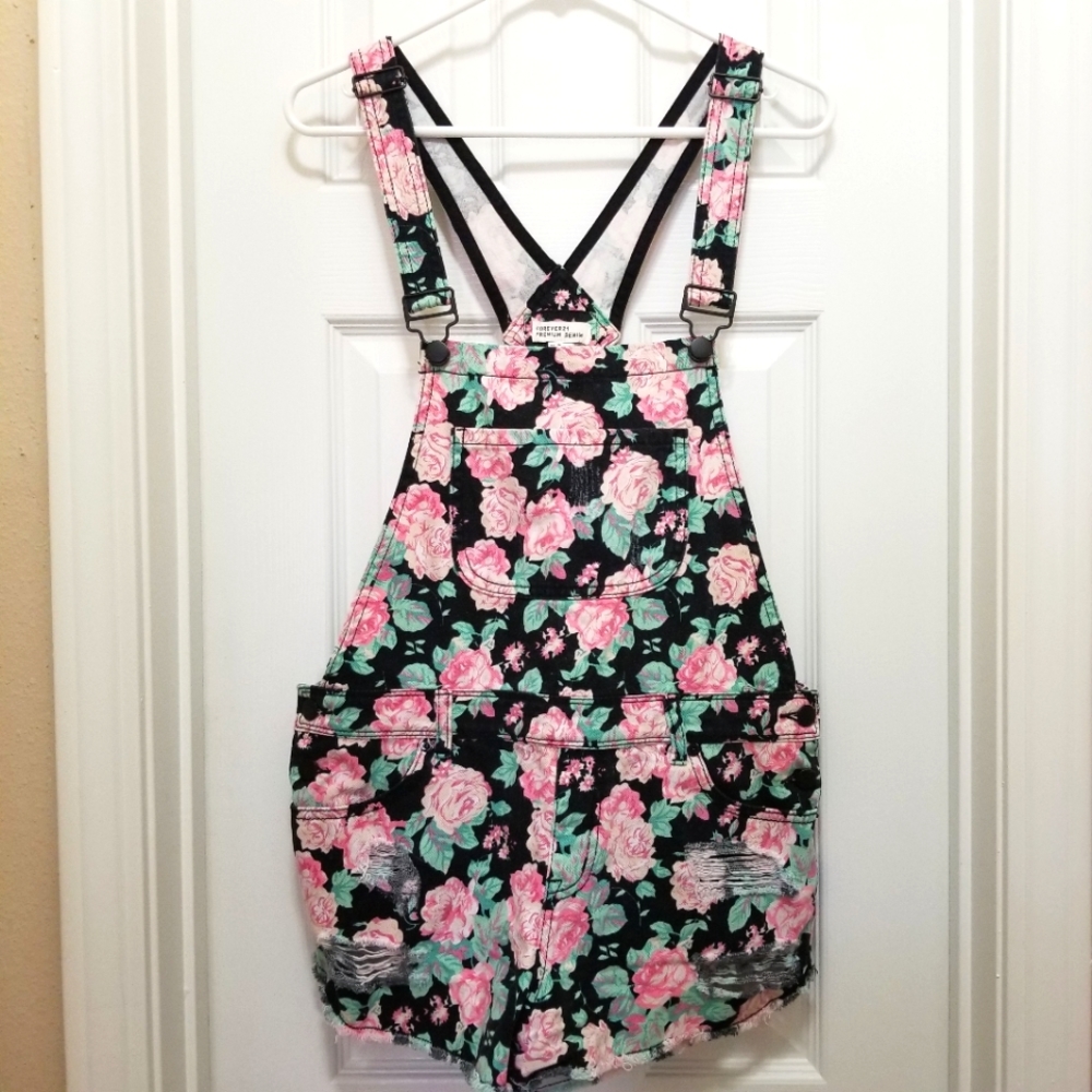 Forever 21 Denim Floral Overall Shorts